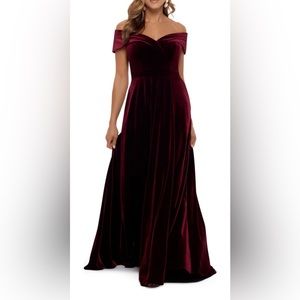 Xscape Off the Shoulder Velvet Gown Burgundy Size 12